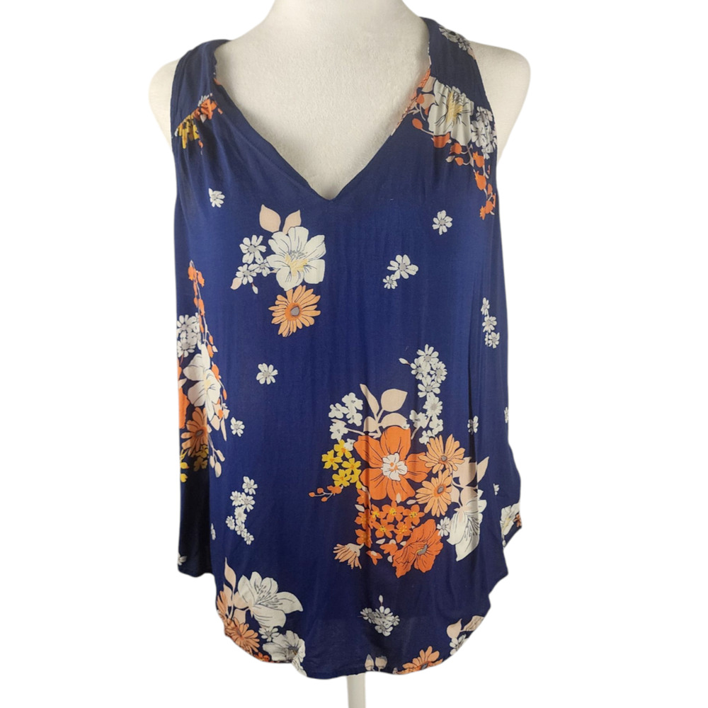 Old Navy Cobalt-Blue Flower Tank-Top Blouse Women's Size Large Keyhole